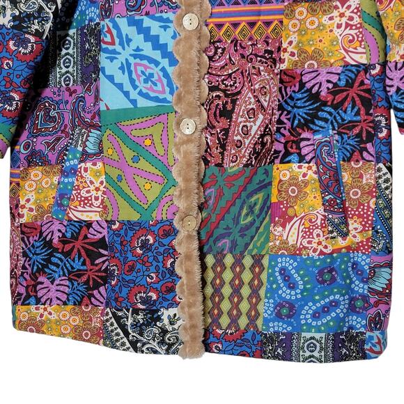 Patchwork Boho Hooded Coat Faux Fur Lined Button Down Mid Length Cozy Size L/XL - Picture 3 of 13